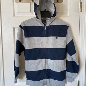 Champion Logo Youth Fleece Striped Full Zip Hoodie Sweatshirt Navy Gray XL